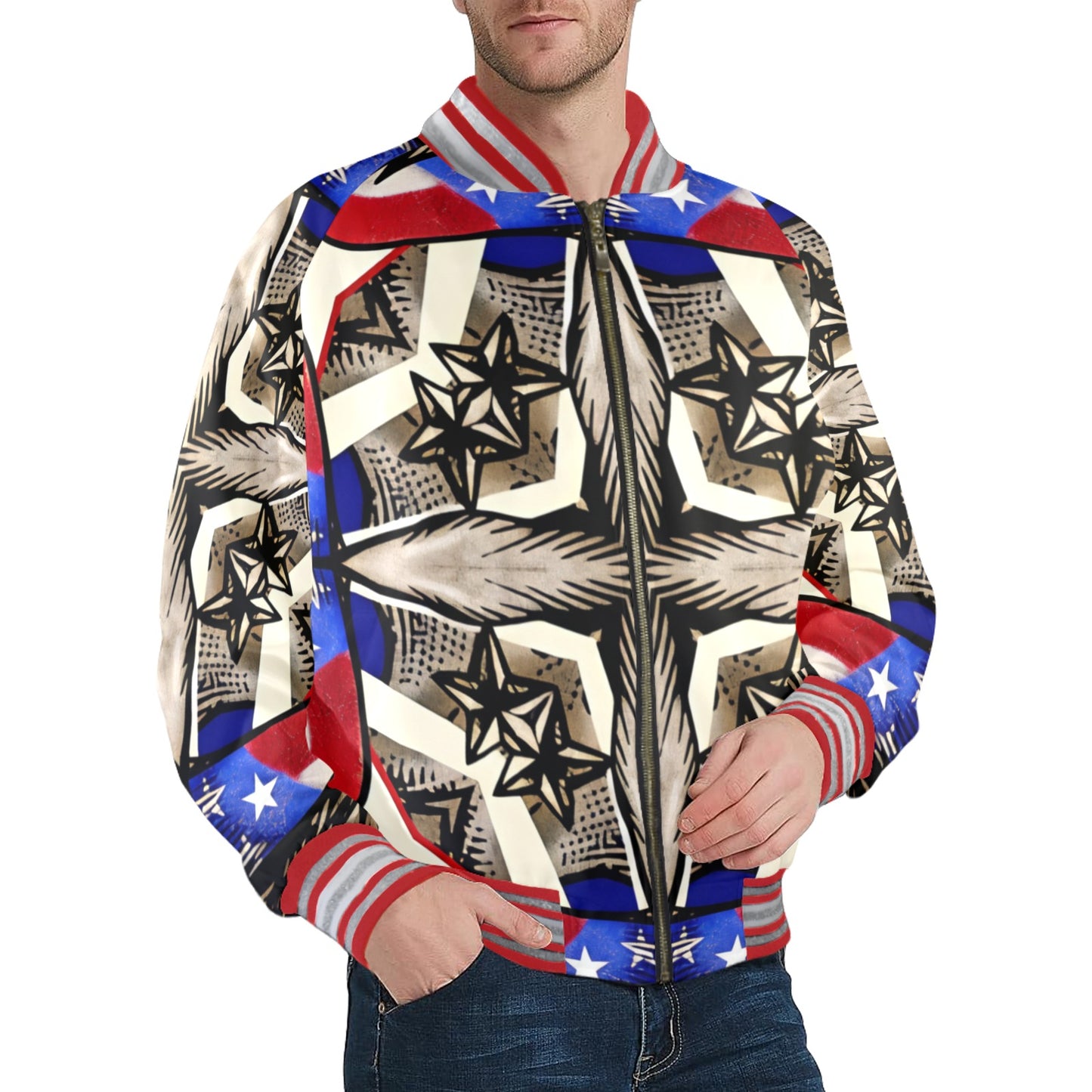 Men's Patriotic Star Kaleidoscope Pattern All-Over Print Striped Trim Bomber Jacket