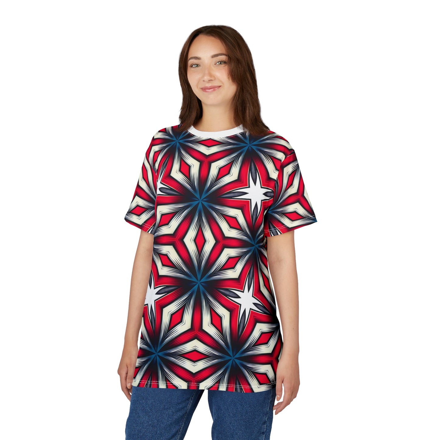 Women's Red, White & Blue Geometric Star Pattern All-Over Print Unisex Cut & Sew Tee