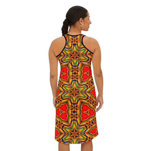 Women's Vibrant Red & Gold Racer back All-Over Print Dress