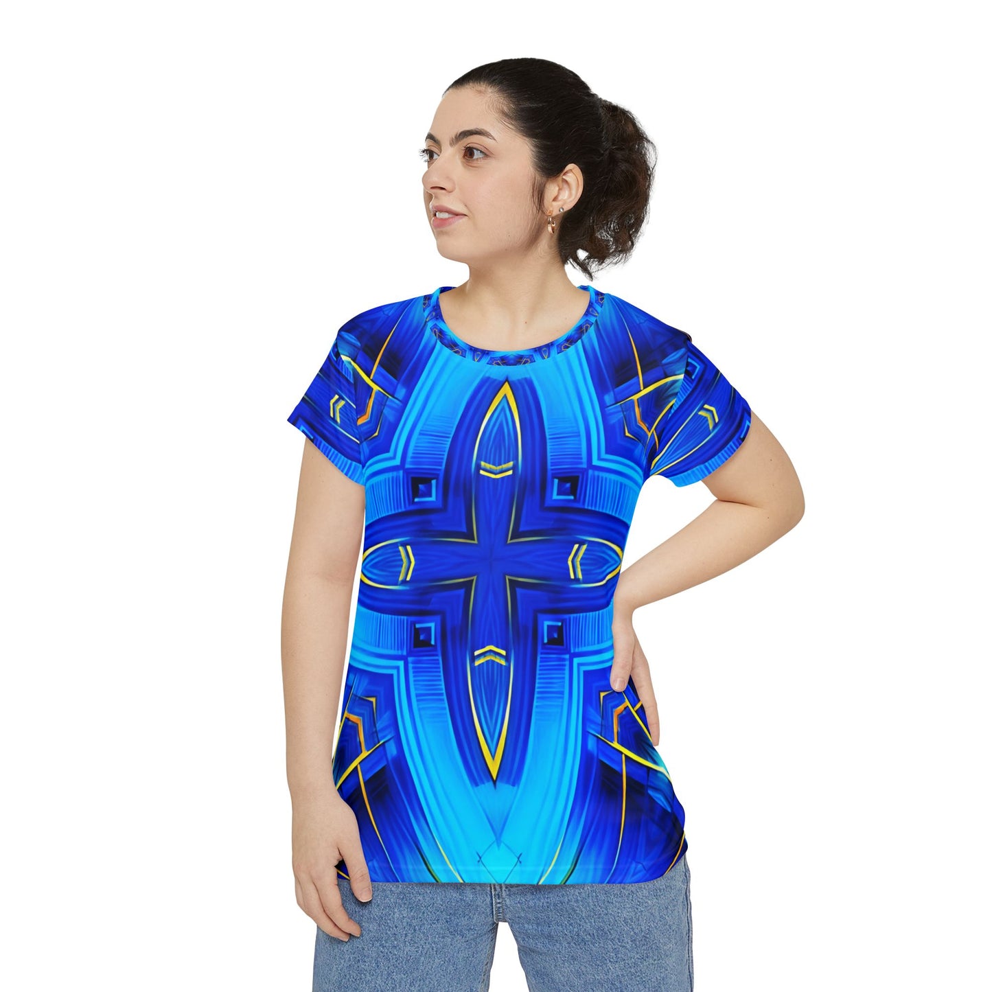 Women's Short Sleeve Blue Kaleidoscope Cross Print All-Over Graphic Tee