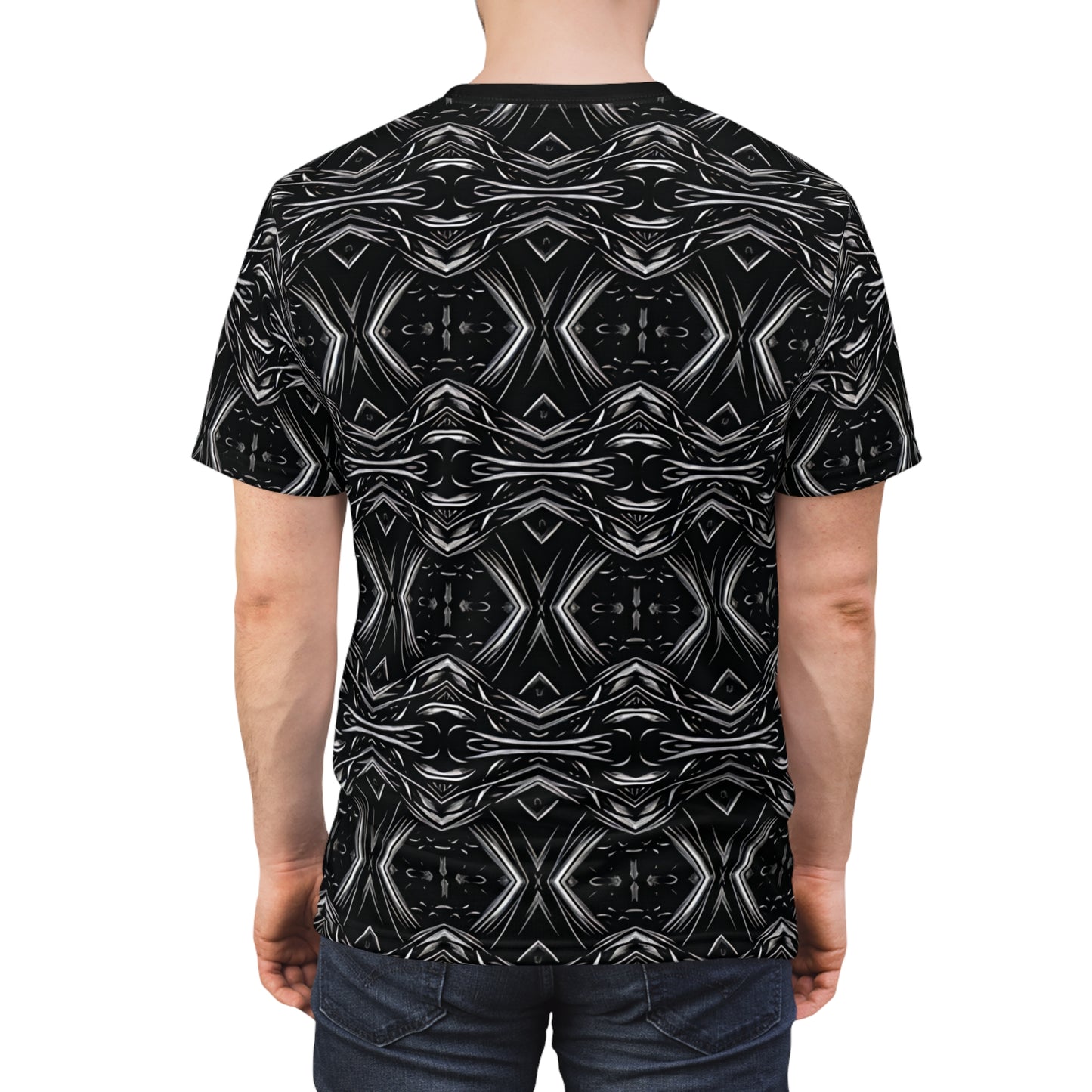 Men's Black Geometric Kaleidoscope Pattern All-Over Print Tee