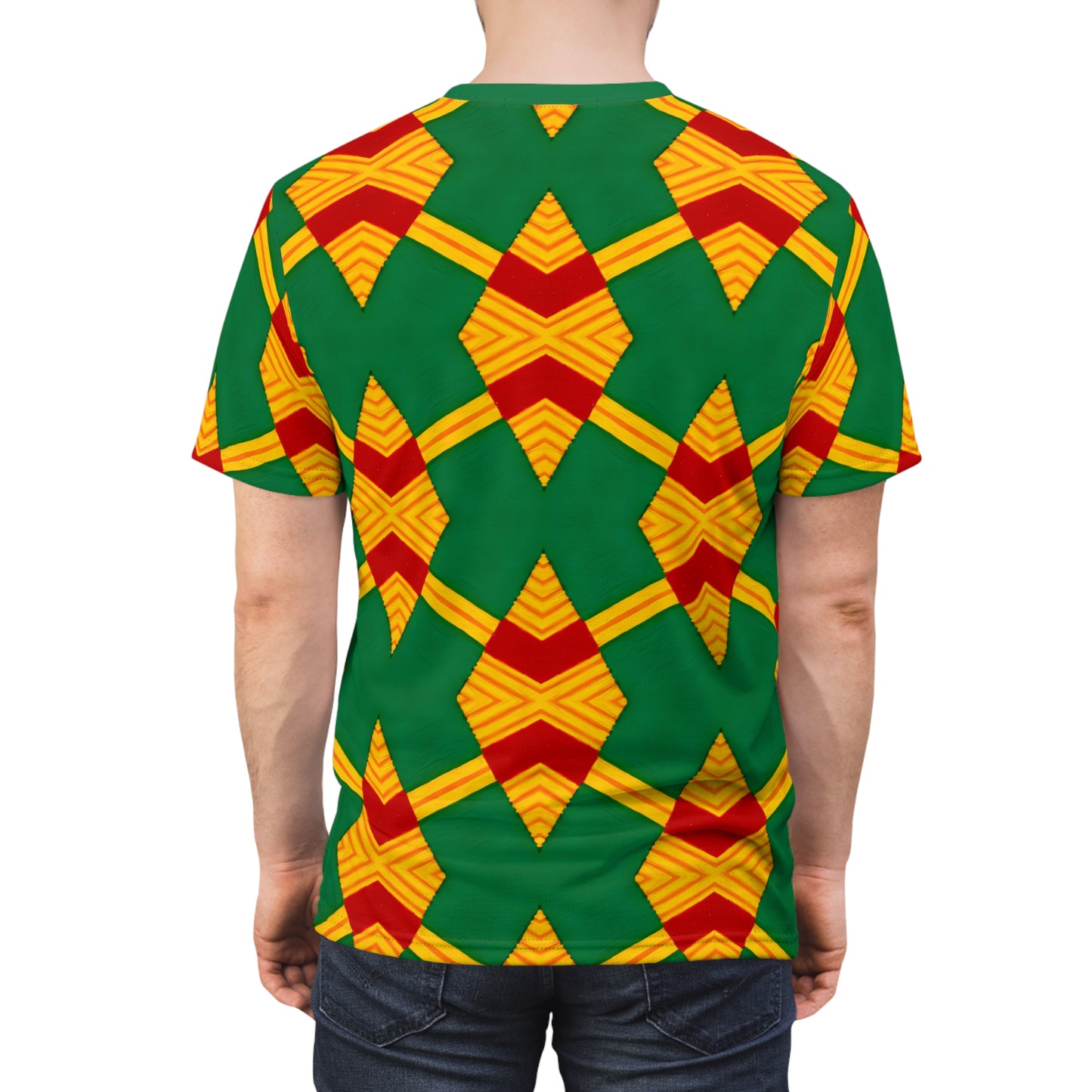 Men Bold Green, Red & Gold African Kente-Inspired Pattern  All-Over Print Tee