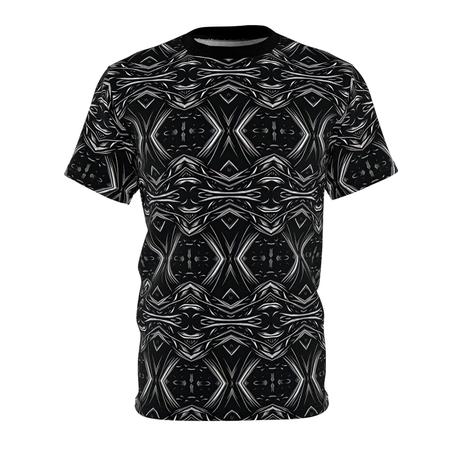 Men's Black Geometric Kaleidoscope Pattern All-Over Print Tee