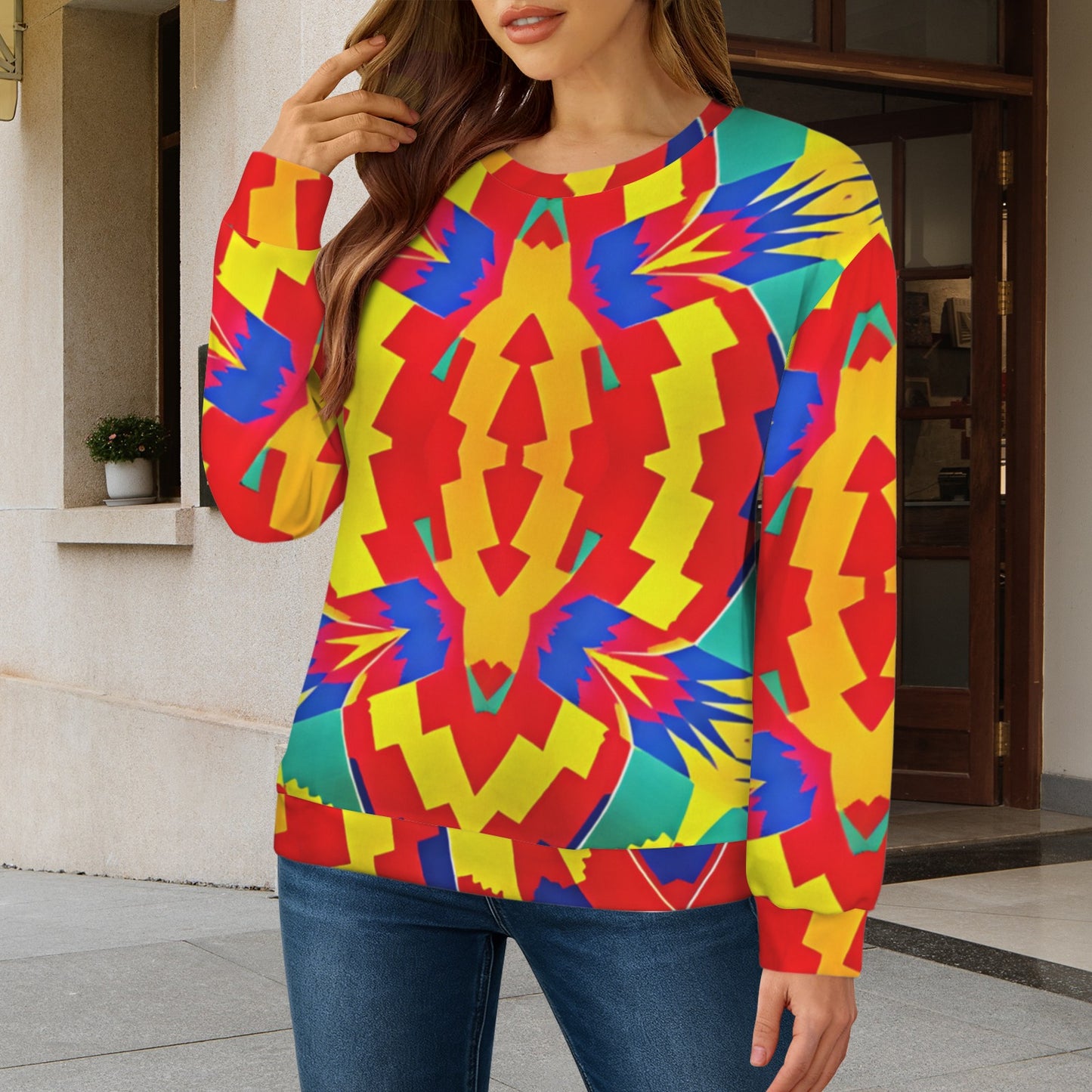Women's Bold Rainbow Kente-Inspired Geometric Pattern All Over Print Crew Neck Sweater