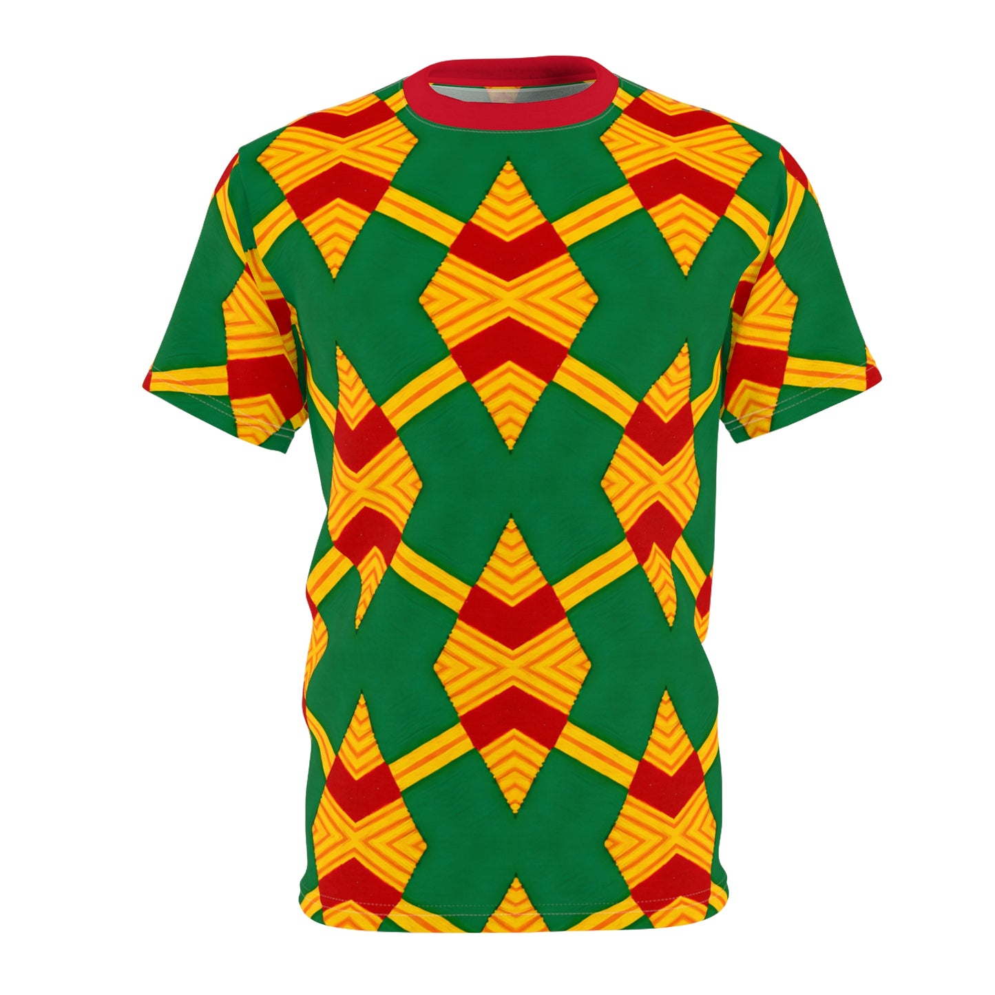 Women Bold Green, Red & Gold African Kente-Inspired Pattern  All-Over Print Tee