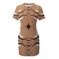Women's Brown Tribal Wave Pattern All-Over Print Short Sleeve Dress