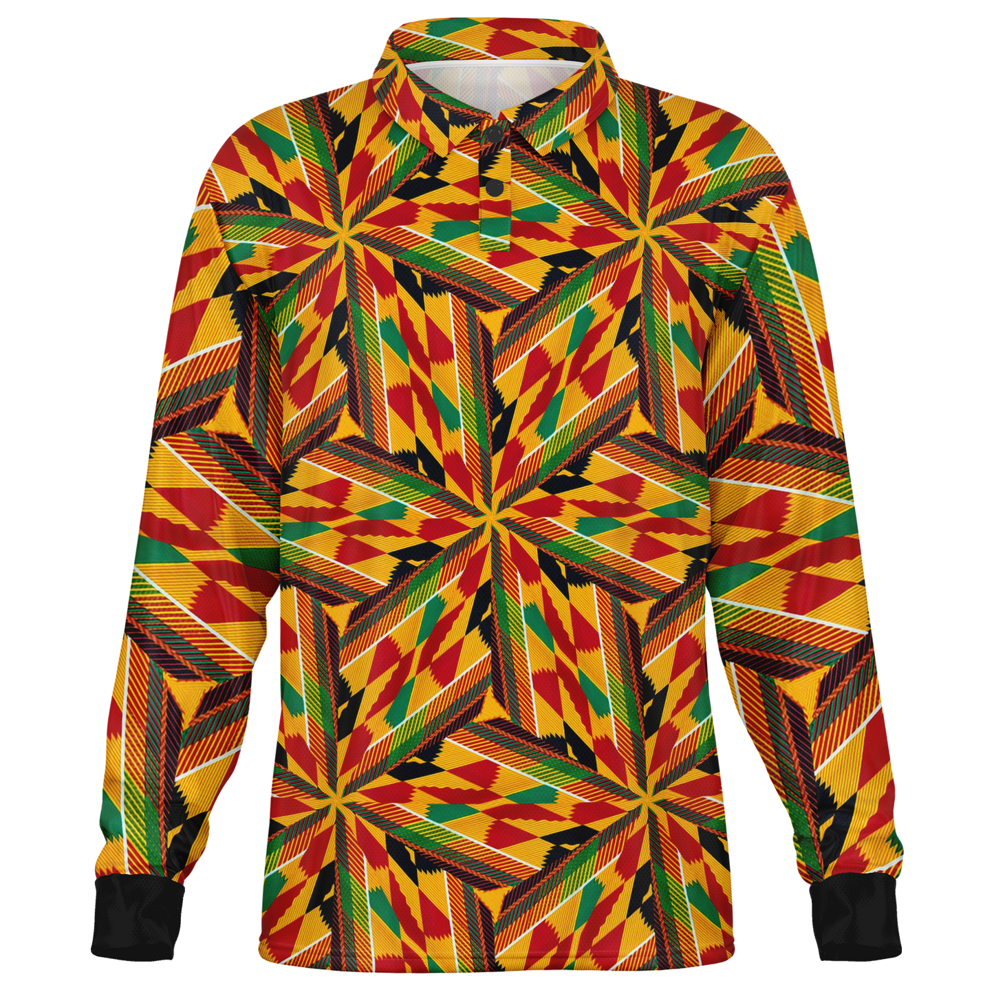 Men’s Vibrant African Kente-Inspired Pattern All-Over Print  Long Sleeve Polo Shirt