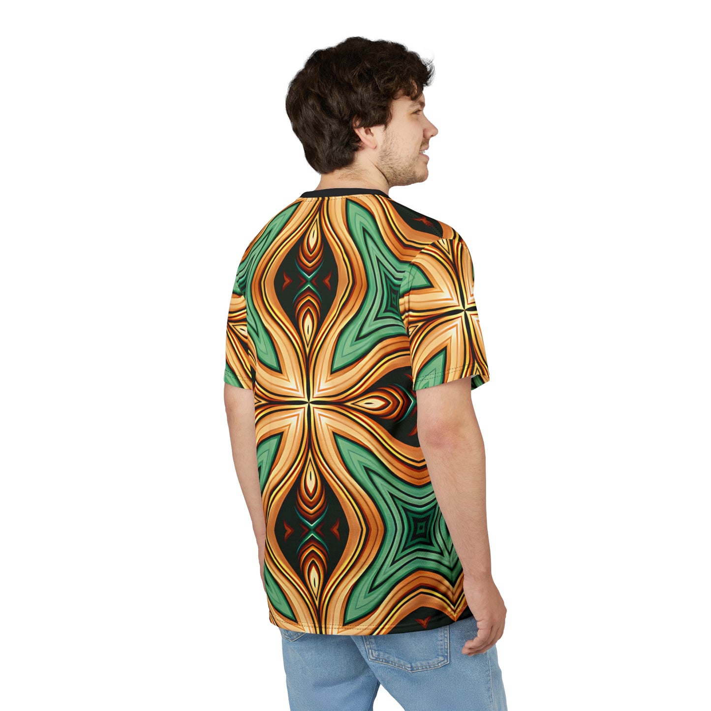 Men's Green & Gold Psychedelic Floral Pattern All-Over Print Tee