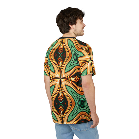 Men's Green & Gold Psychedelic Floral Pattern All-Over Print Tee