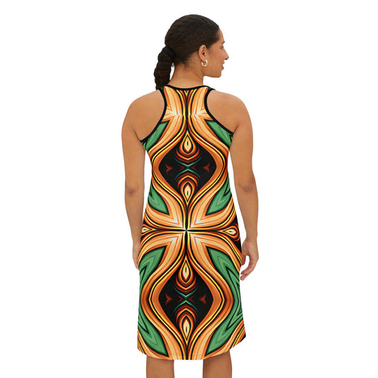 Women's Green & Gold Psychedelic Floral Pattern All-Over Print Racer back Dress
