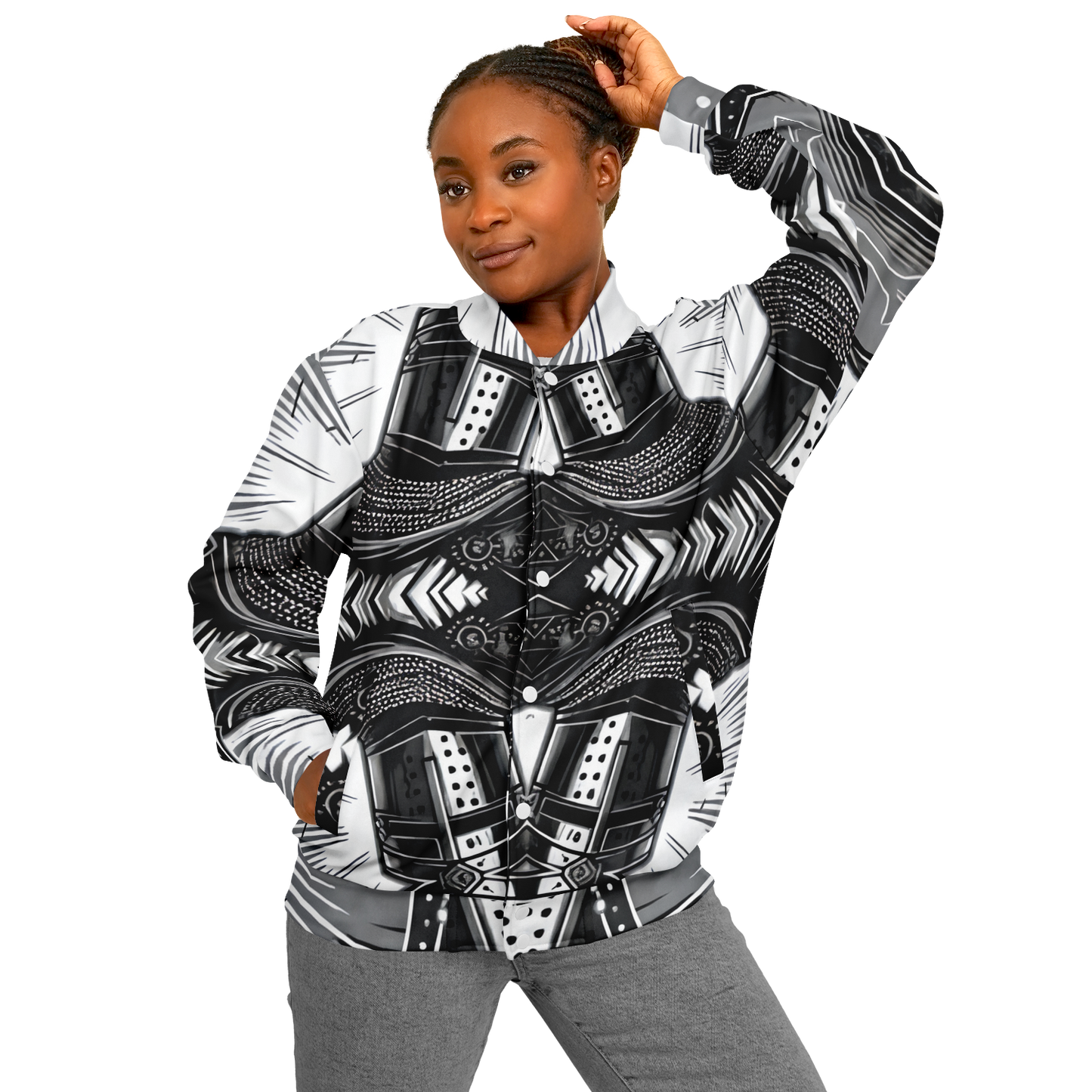 Women's Classic Black & White Geometric Pattern All Over Print Baseball Jacket
