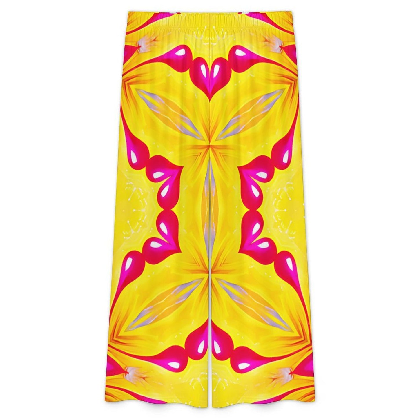 Women's Yellow & Red Heart Pop Pattern All Over Print Side-Tie Short Sleeve Top & Wide-Leg Pants Set