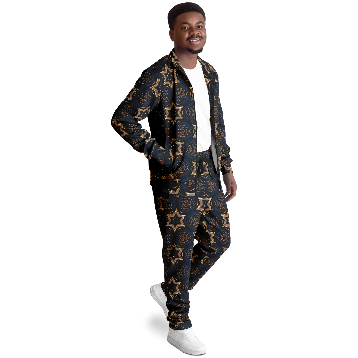 Men's Geometric Floral Pattern in Black & Brown Track Jacket and Pants