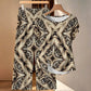 Women's Geometric Kaleidoscope Brown Pattern All Over Print Side-Tie Short Sleeve Top & Wide-Leg Pants Set