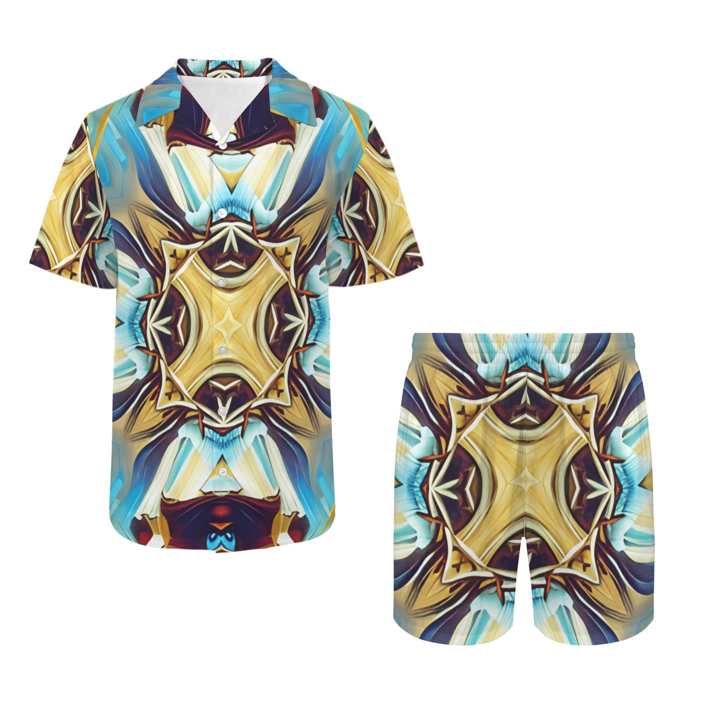 Men's Abstract Teal & Gold Pattern All Over Print Hawaiian Shirt & Shorts Set