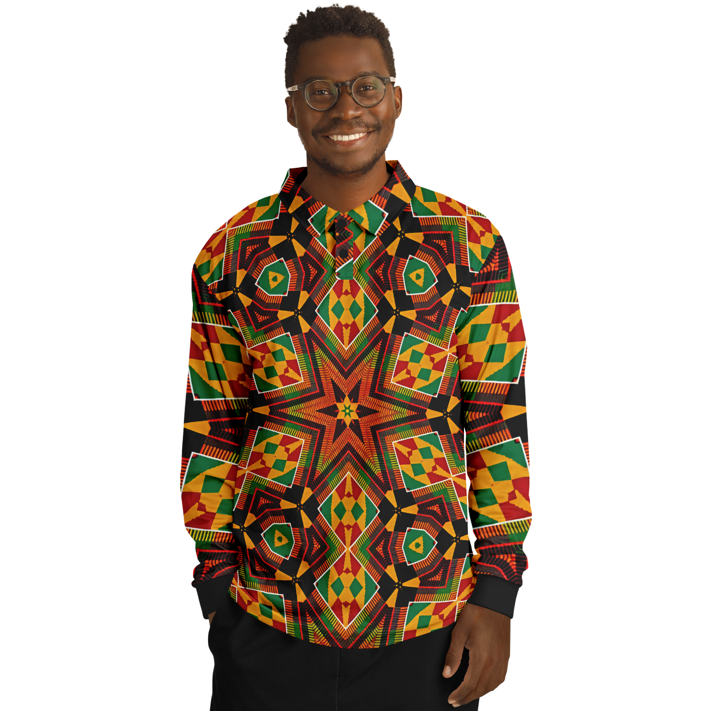 Men’s  African Kente Geometric Star Pattern All-Over Print Long Sleeve Polo Shirt