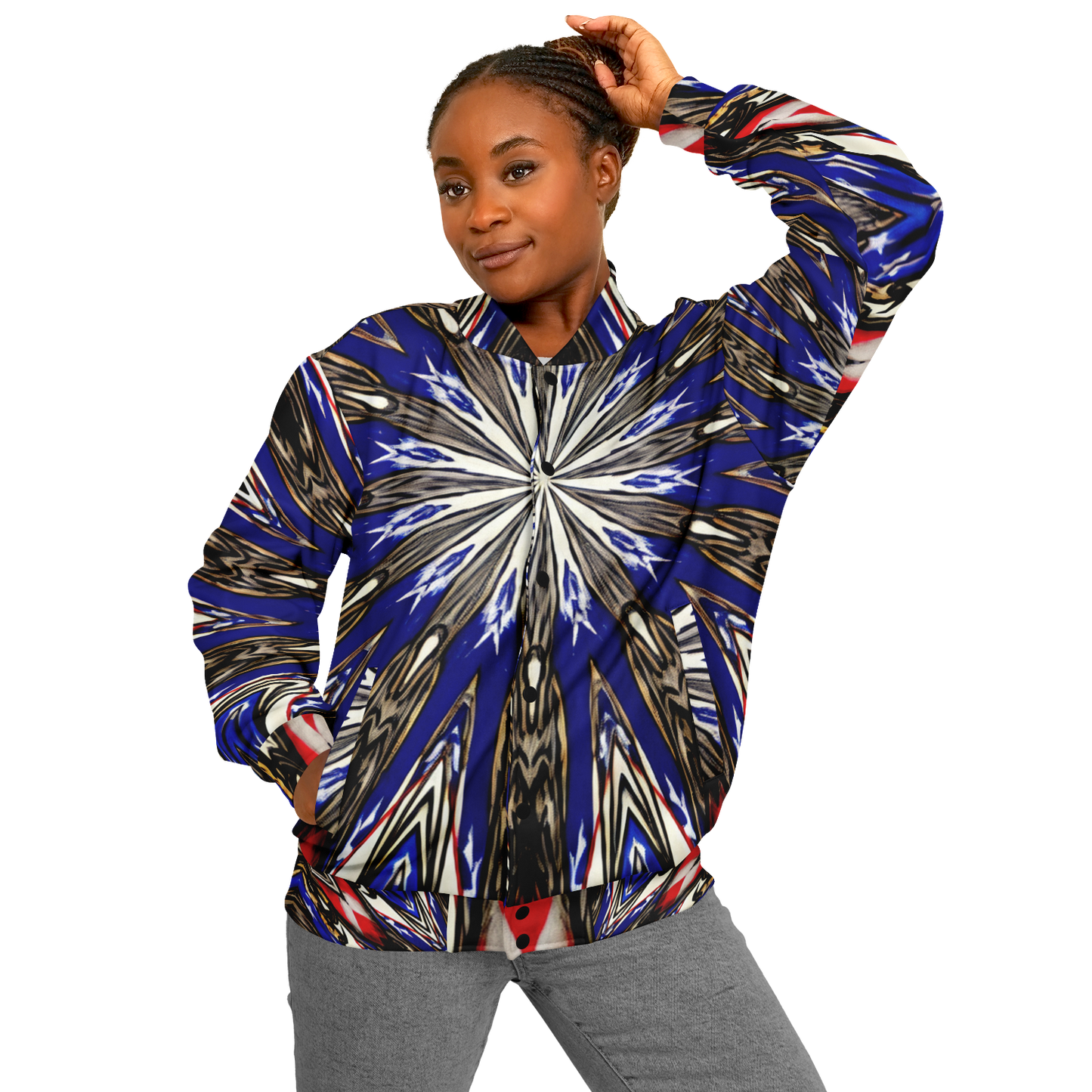 Women's Starburst Patriotic Colors Pattern All-Over-Print Baseball Jacket
