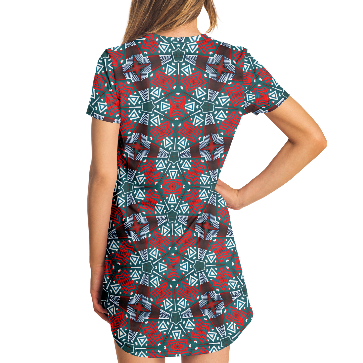 Women's Red, Green & White Teal Aztec Geo Pattern All-Over Print T-Shirt Dress
