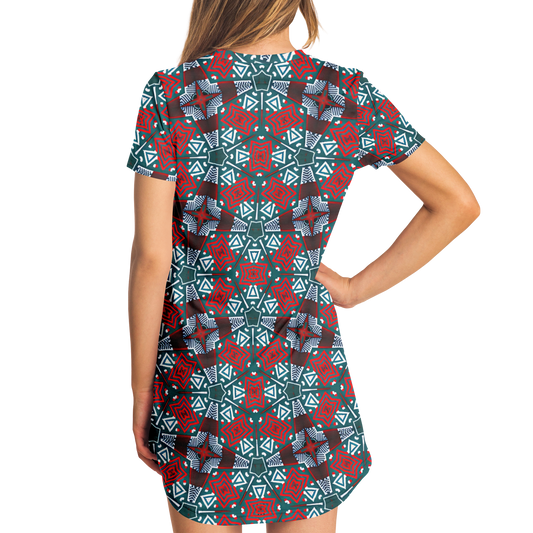 Women's Red, Green & White Teal Aztec Geo Pattern All-Over Print T-Shirt Dress