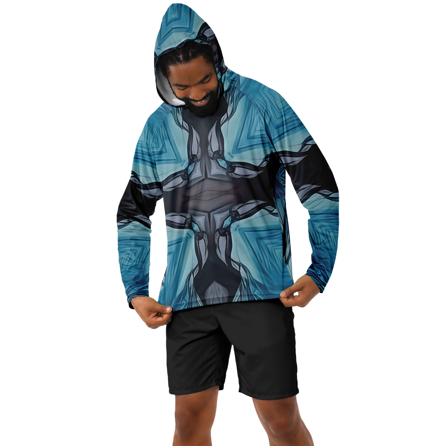 Men's Abstract Blue Geometric Design All Over Print Long Sleeve Hooded Performance Shirt