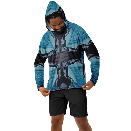 Men's Abstract Blue Geometric Design All Over Print Long Sleeve Hooded Performance Shirt