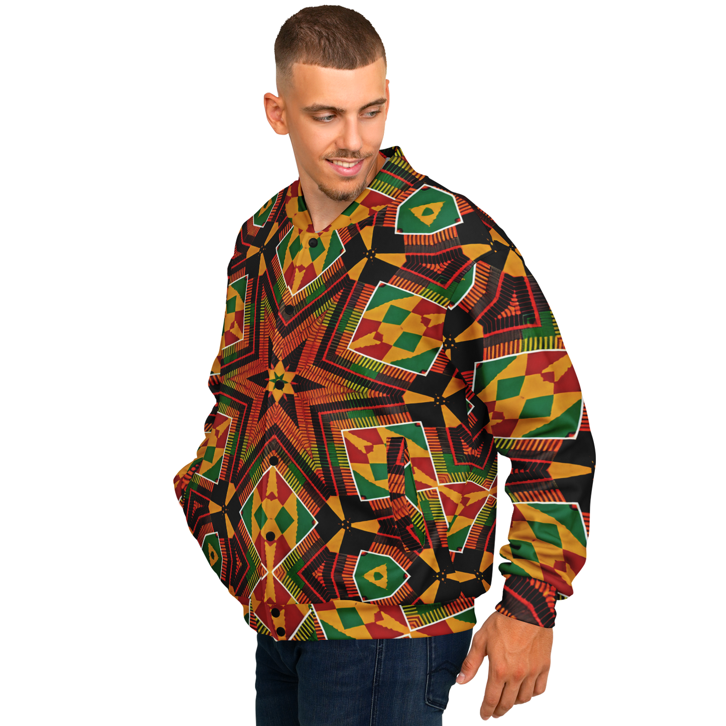 Men's African Kente Geometric Star Pattern All-Over Print Baseball Jacket