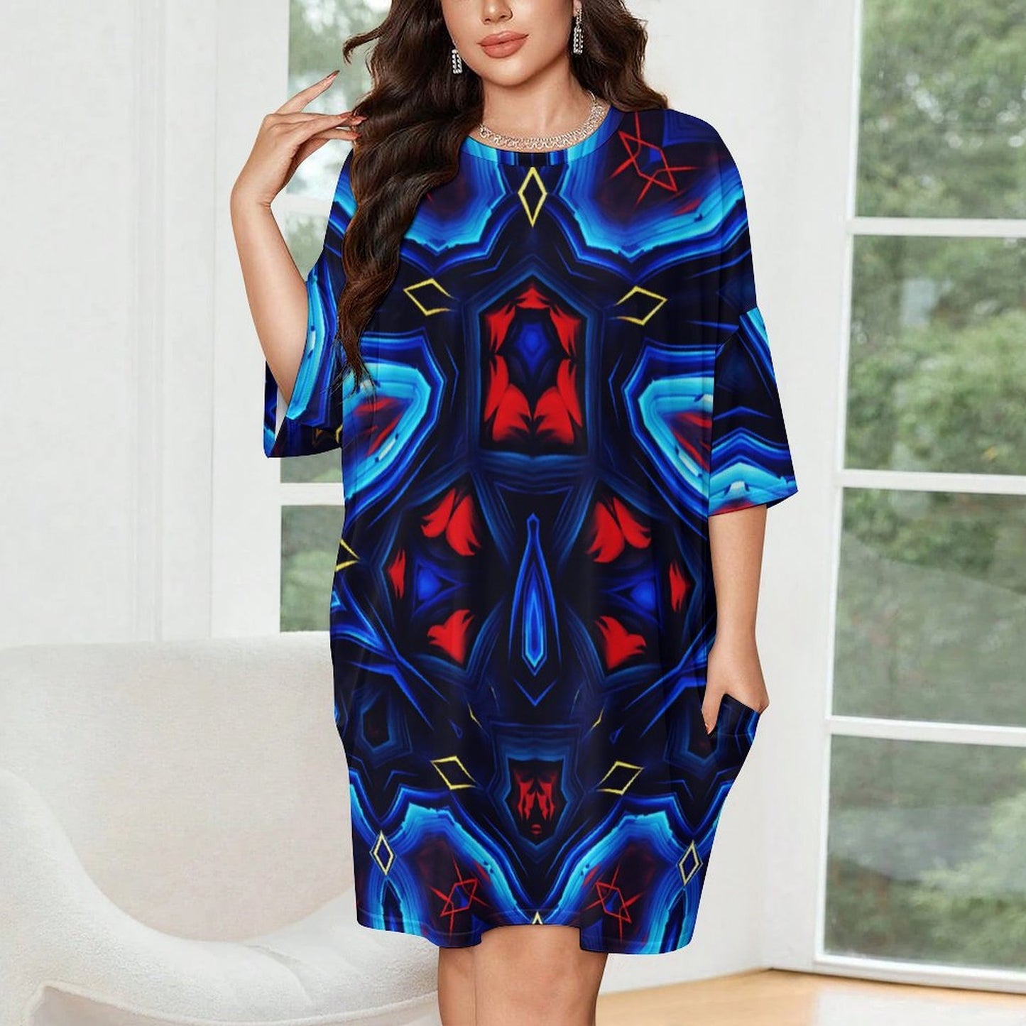 Women's Blue & Red Kaleidoscope Pattern Oversized T- Shirt Loungewear