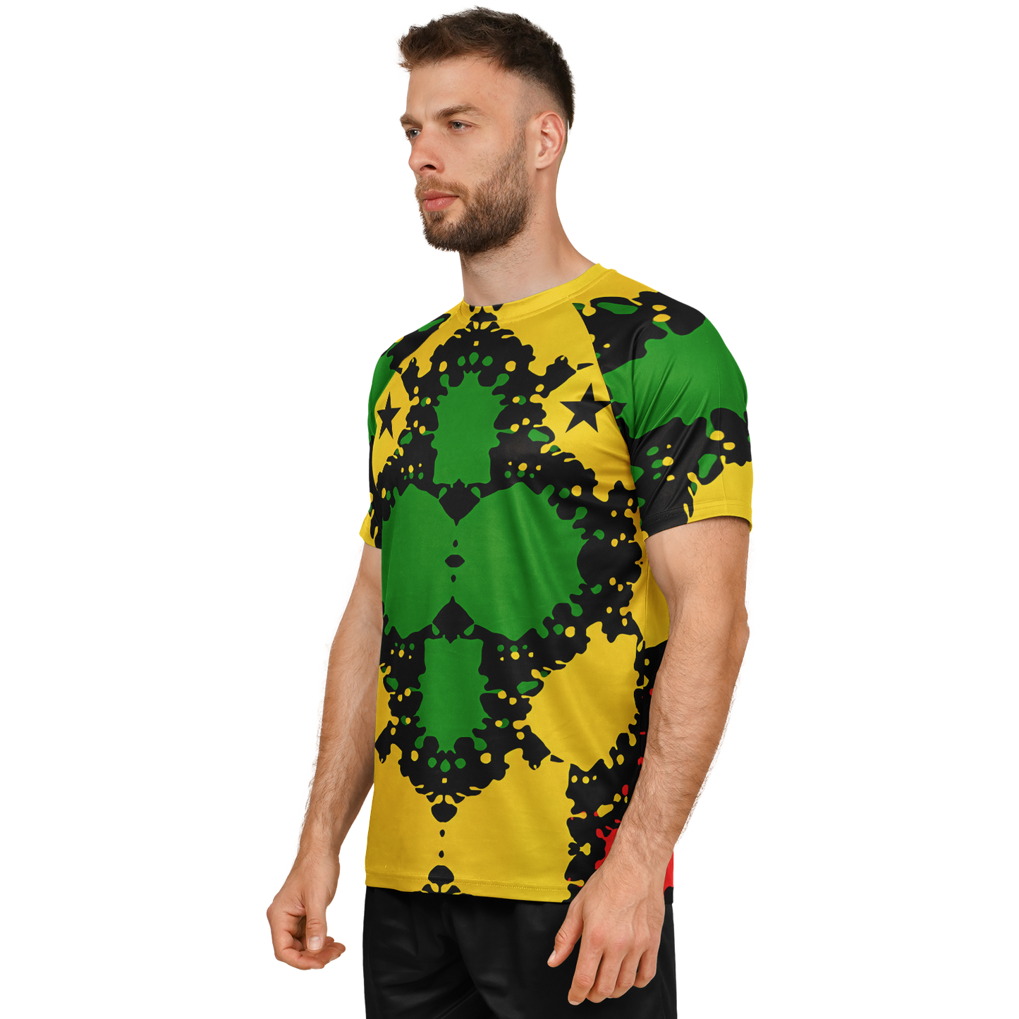 Men Bold Red Yellow Green & Black Star Geometric Pattern All Over Print Soccer Jersey