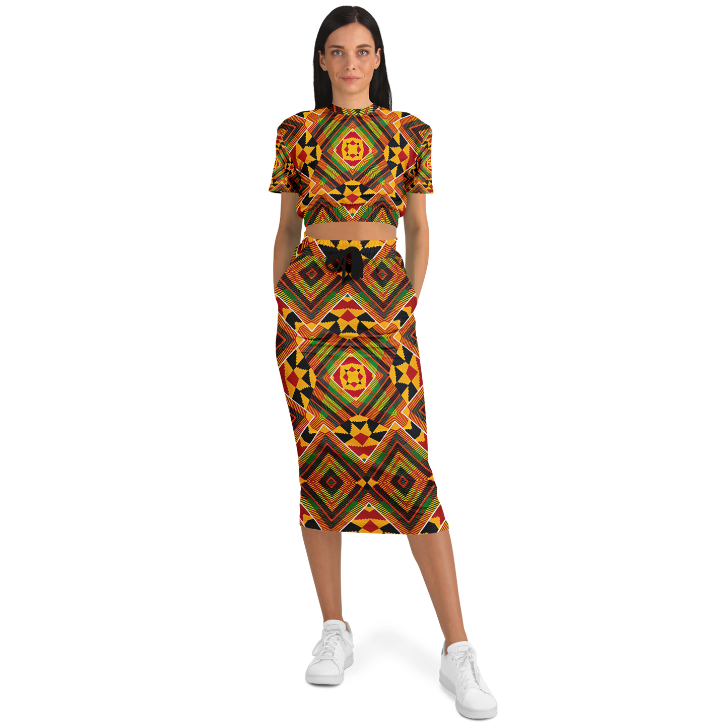 Women's Fashion Cropped Short Sleeve Sweatshirt and Long Pocket Skirt Set