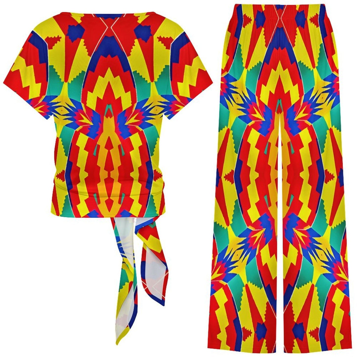 Women's Bold Rainbow Kente-Inspired Geometric Pattern All Over Print Side-Tie Short Sleeve Top & Wide-Leg Pants Set