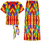 Women's Bold Rainbow Kente-Inspired Geometric Pattern All Over Print Side-Tie Short Sleeve Top & Wide-Leg Pants Set