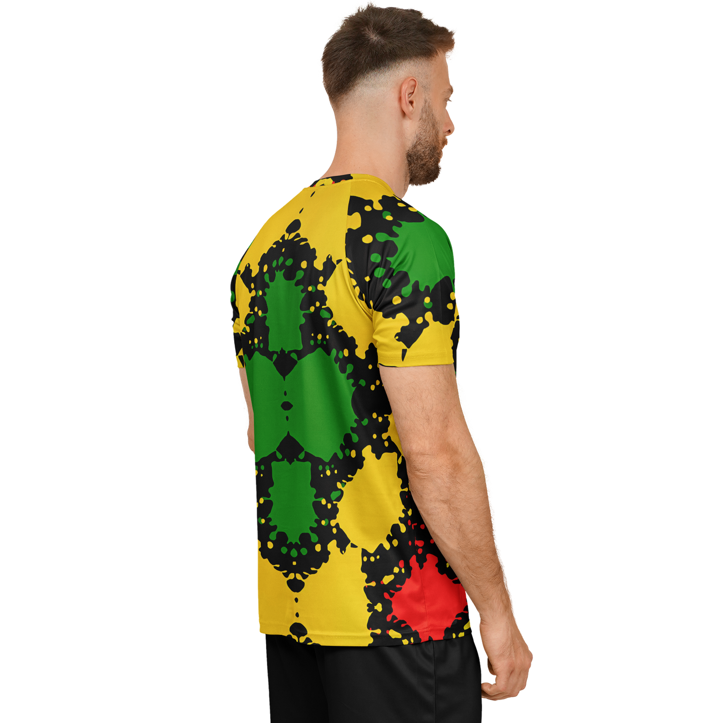 Men Bold Red Yellow Green & Black Star Geometric Pattern All Over Print Soccer Jersey