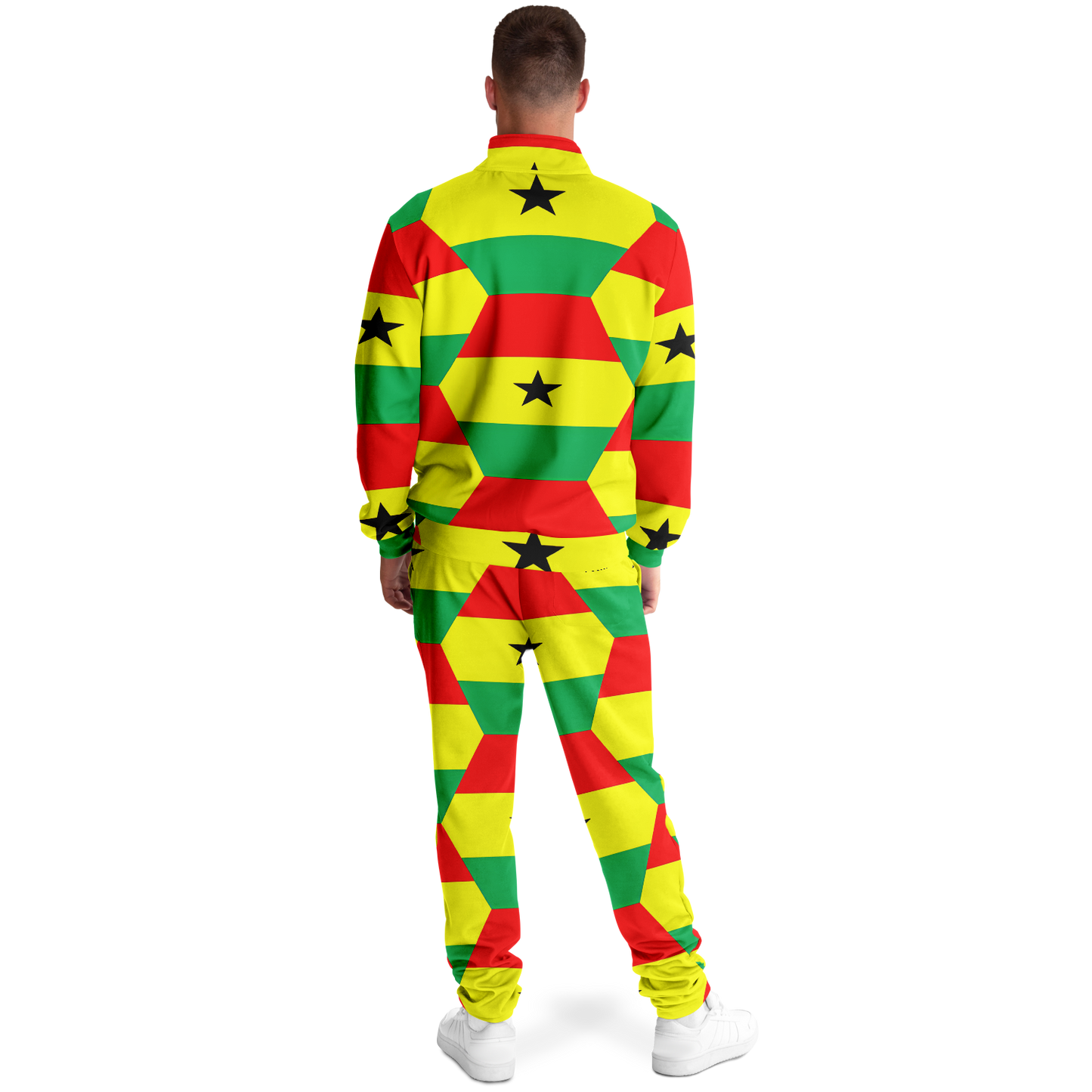 Men's Red Yellow Green Stars Flag Hex Pattern Track Jacket and Pants