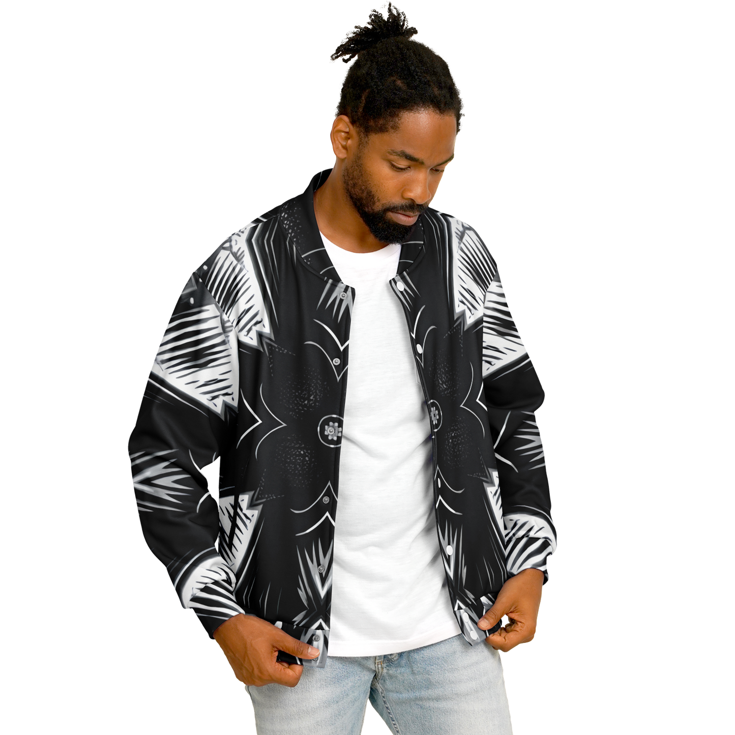 Men's Black & White Geometric Pattern All Over print All Over Print Baseball Jacket
