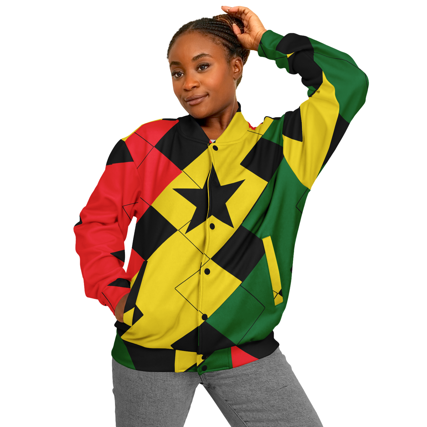 Women's Ghana Flag & Black Star Pattern All-Over Print Baseball Jacket