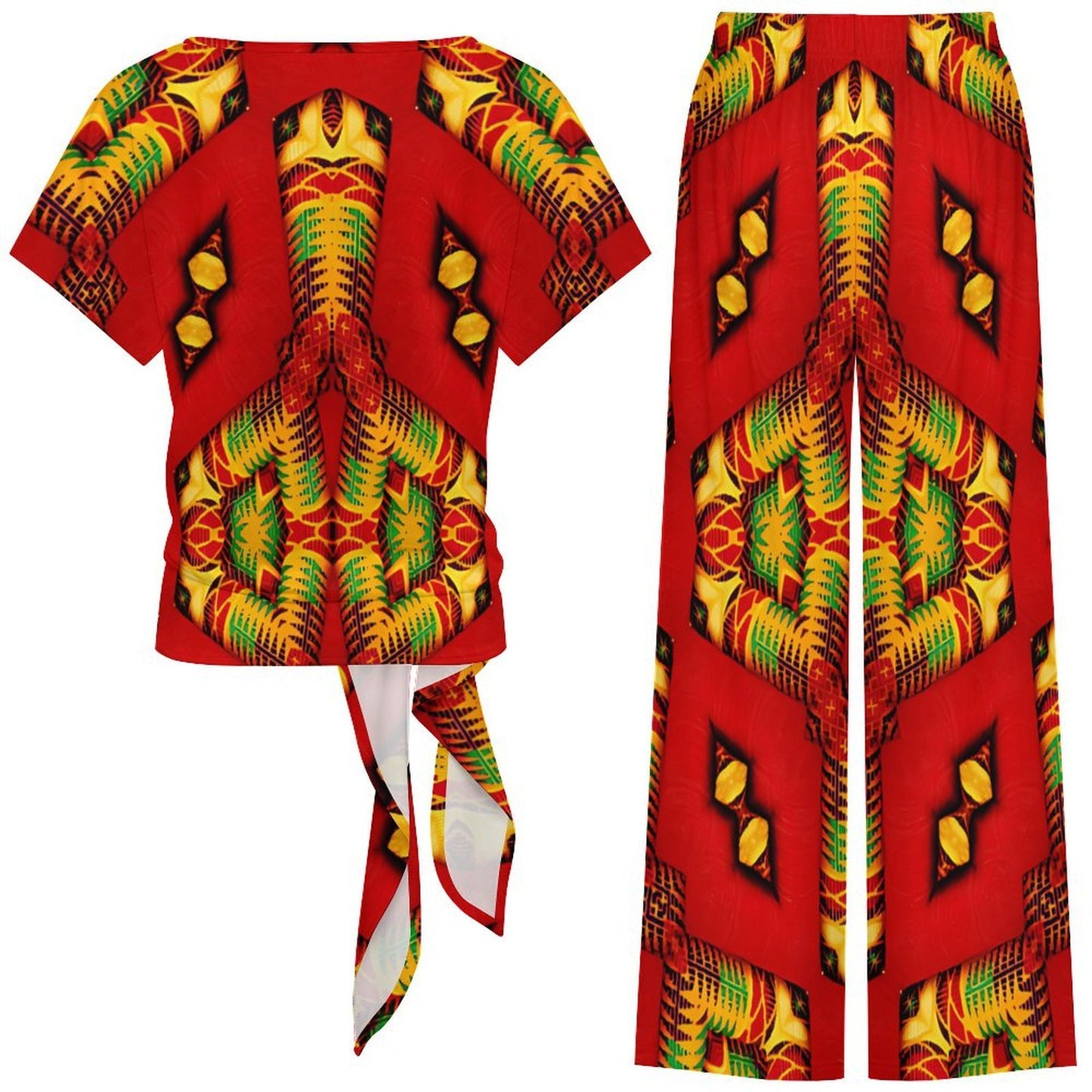 Women's Vibrant African Kente-Inspired Pattern All-Over Print Side-Tie Short Sleeve Top & Wide-Leg Pants Set