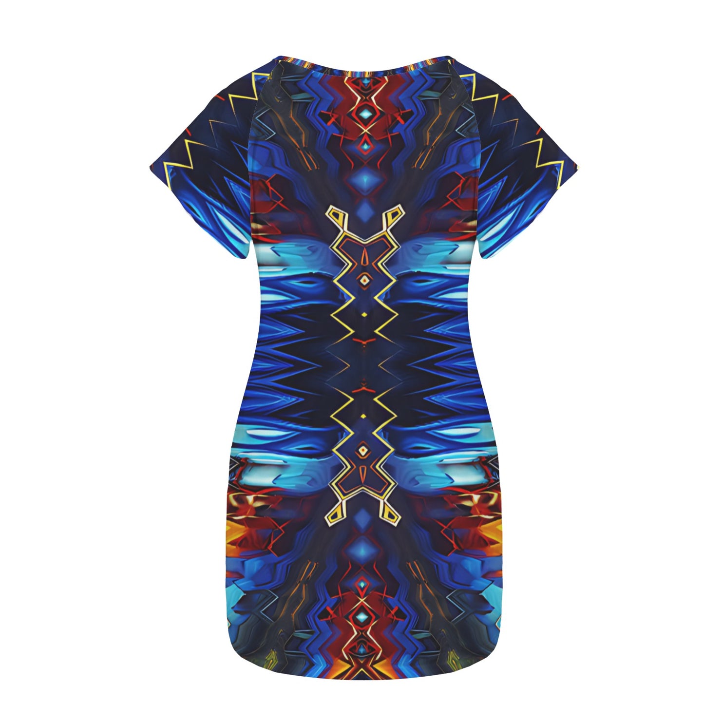 Women's Blue & Red Kaleidoscope Pattern Round Neck Pocket Casual Dress