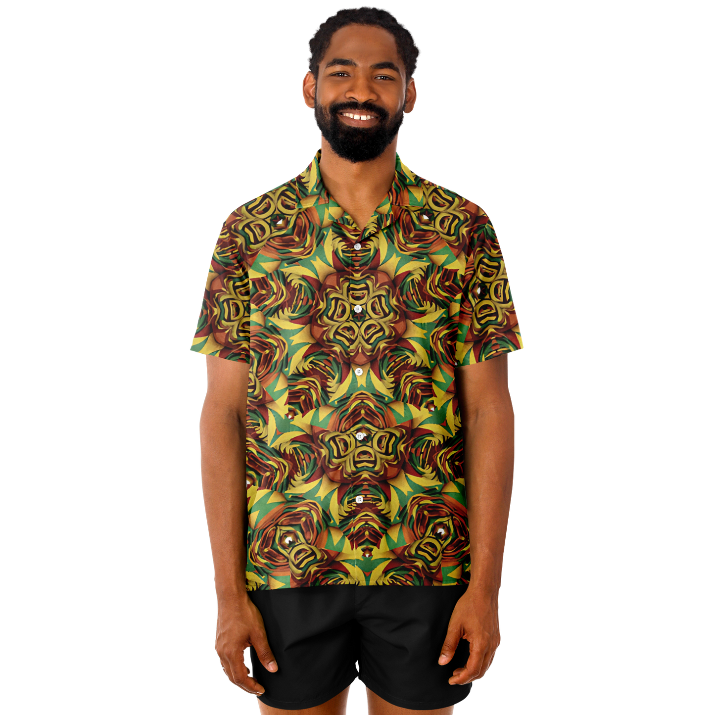 Men's Vibrant Geometric Pattern Spread Collar Short Sleeve Button-Down All Over Print Shirt