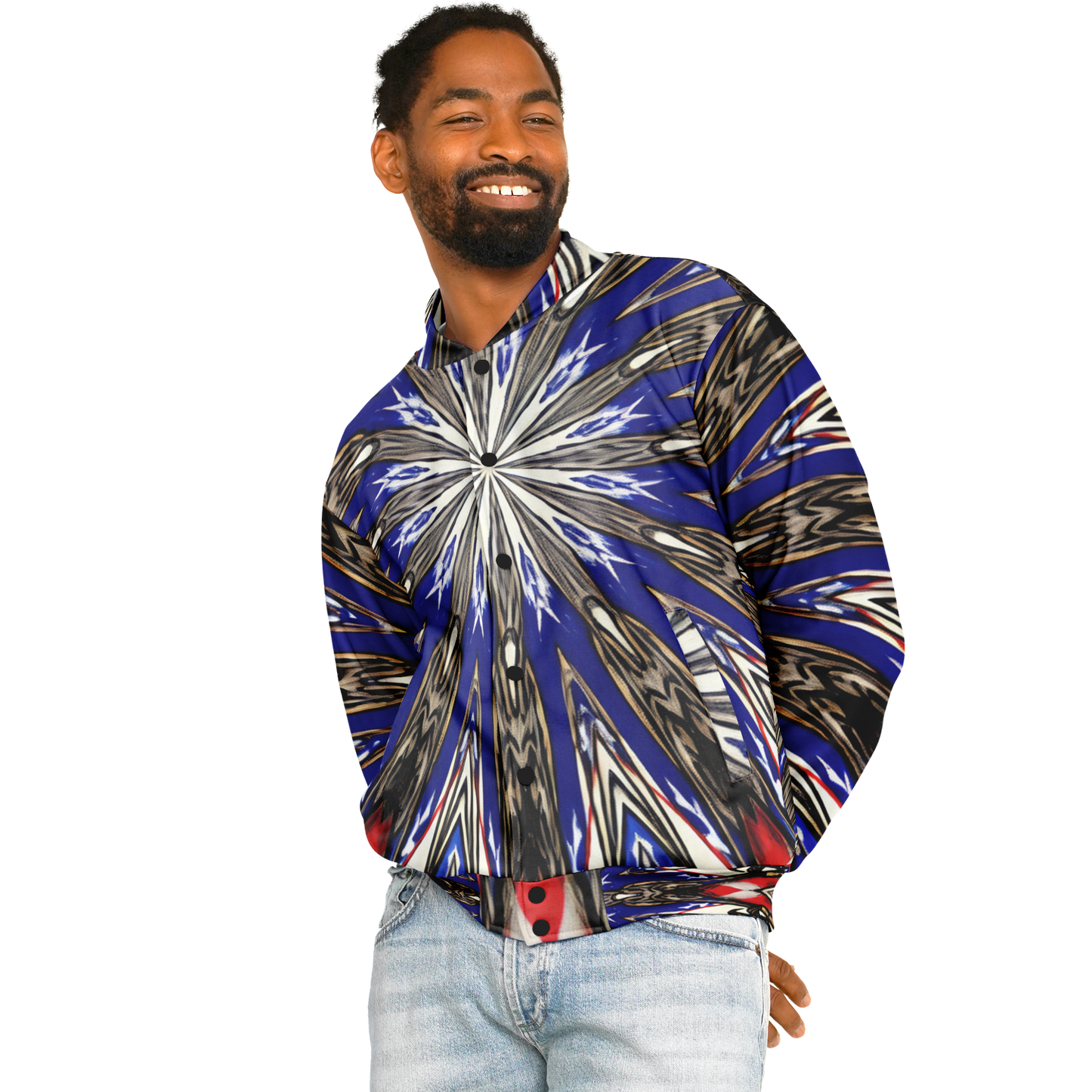 Men's Starburst Patriotic Colors Pattern All-Over-Print Baseball Jacket
