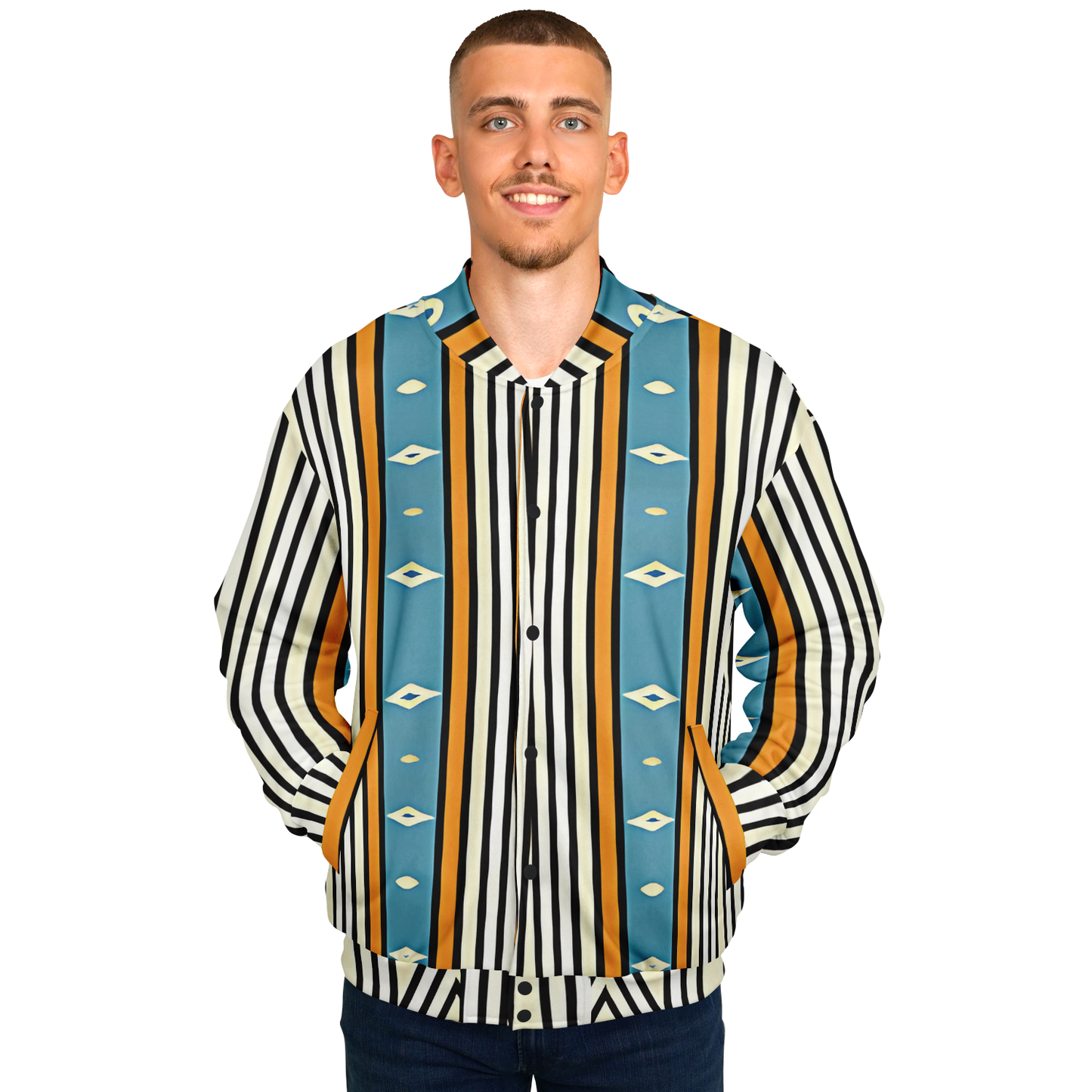 Men's Striped Retro Blue & Orange Patten Design All Over Print Baseball Jacket