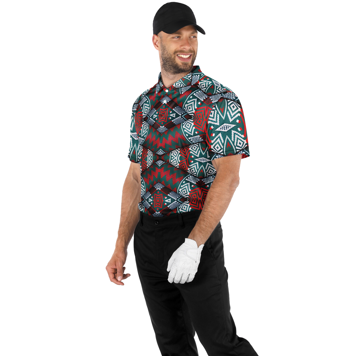 Men's Red, Green & White Teal Aztec Geo Pattern All-Over Print Polo Shirt
