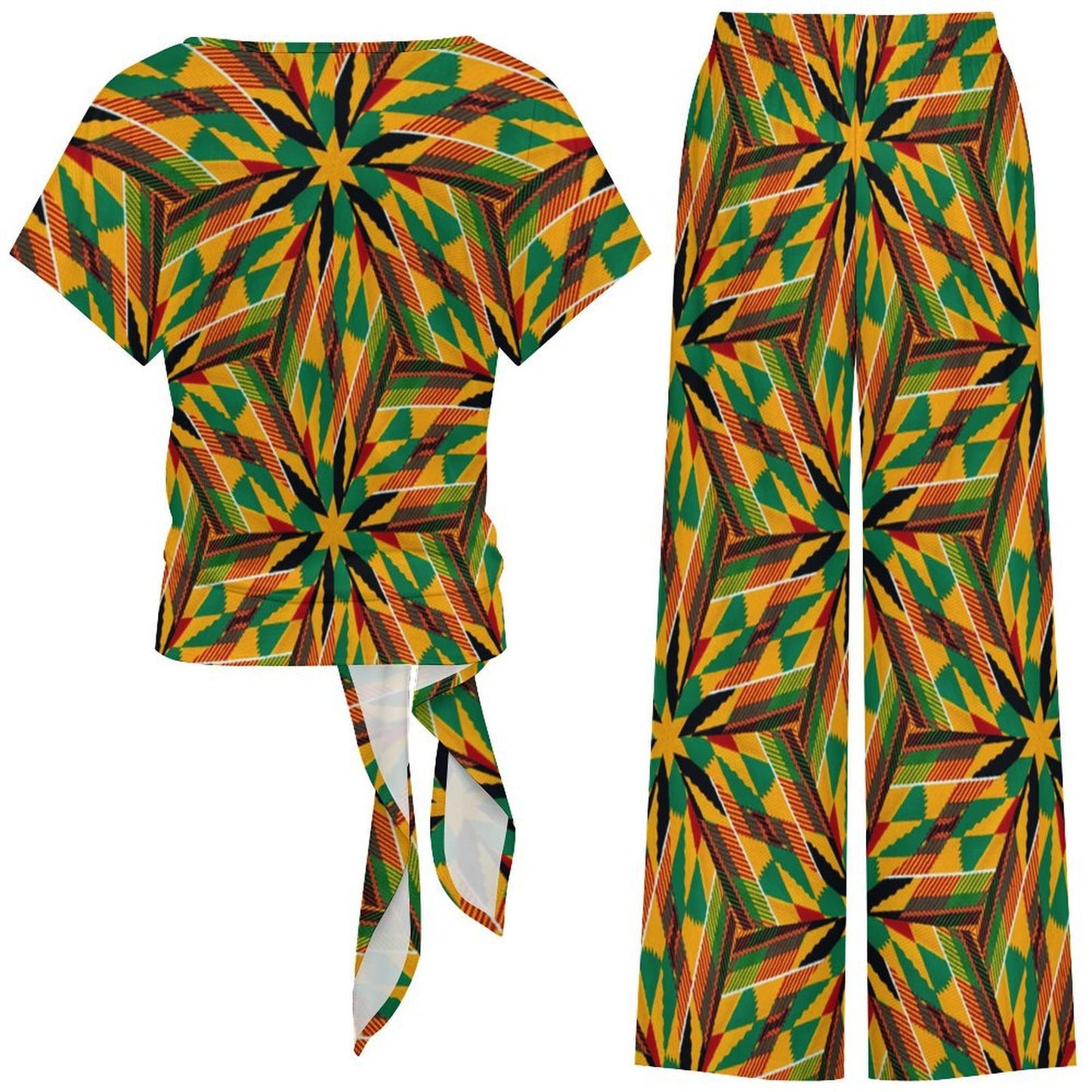 Women's Vibrant African Kente-Inspired Pattern All-Over Print Side-Tie Short Sleeve Top & Wide-Leg Pants Set