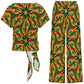 Women's Vibrant African Kente-Inspired Pattern All-Over Print Side-Tie Short Sleeve Top & Wide-Leg Pants Set