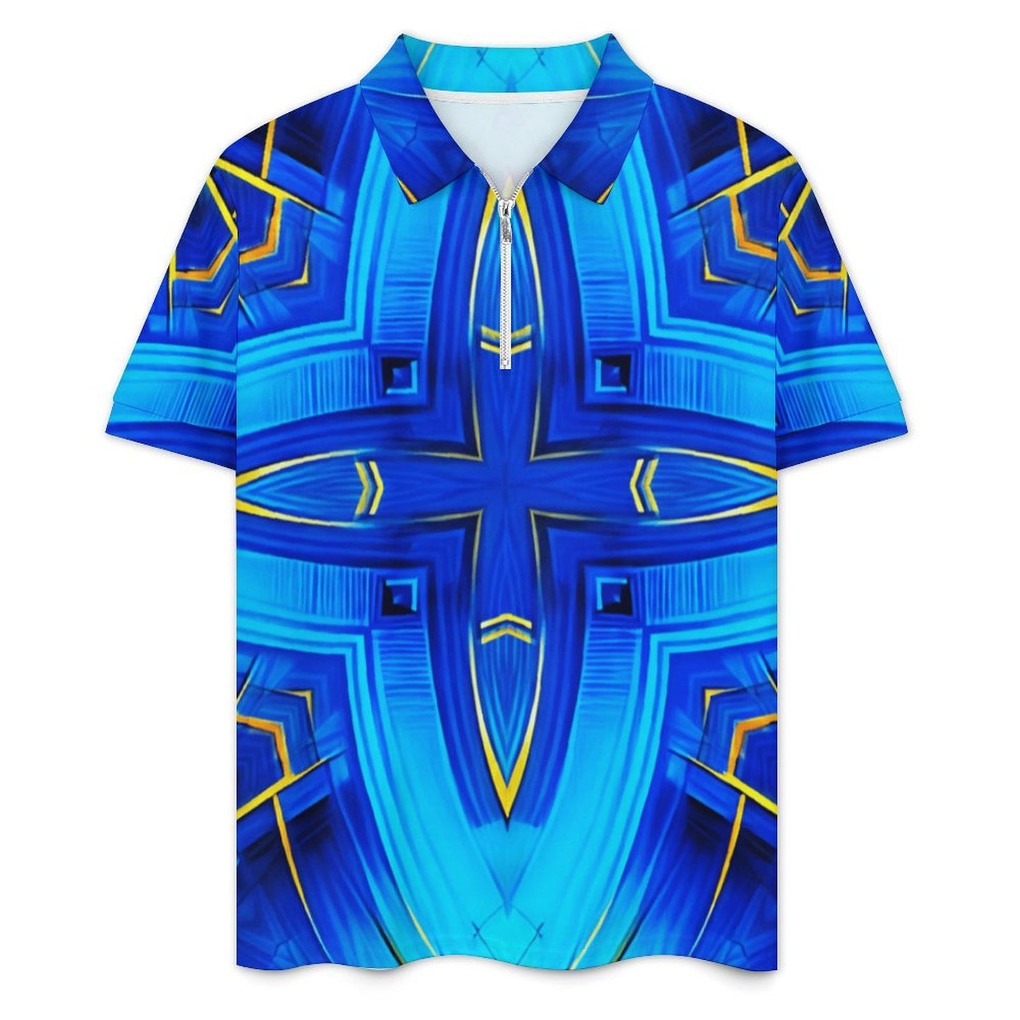 Men Vibrant Blue Geometric All-Over Print Zip-Up Polo Set