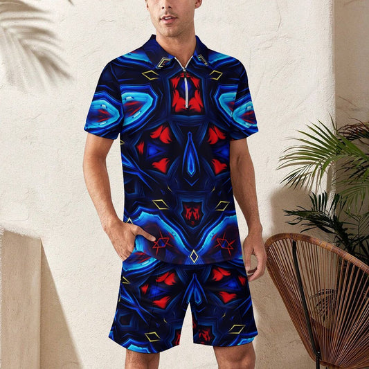Men's Blue & Red Kaleidoscope Pattern Zip-Up Polo Set