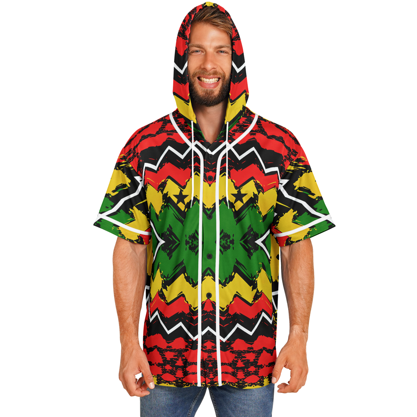 Men's Ghana Flag & Black Star Pattern All-Over Print Hooded Baseball Jersey