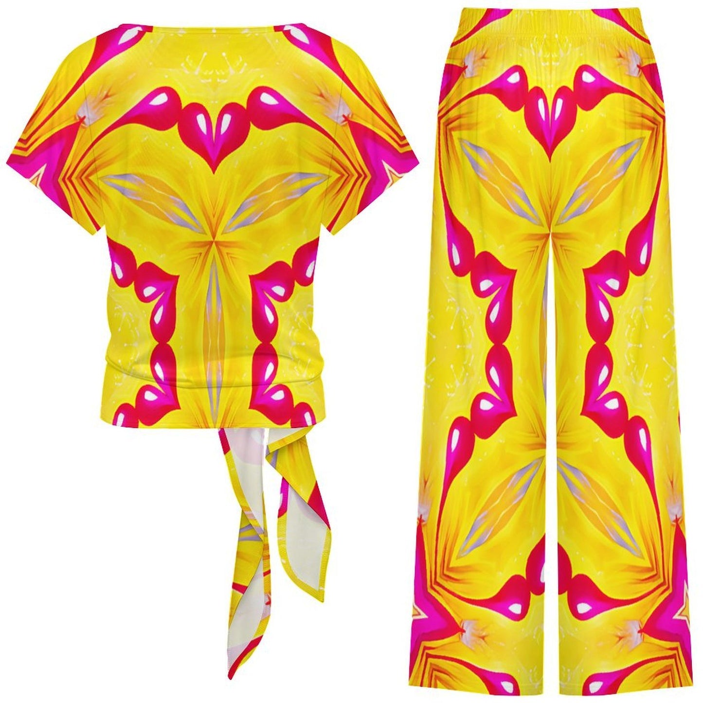 Women's Yellow & Red Heart Pop Pattern All Over Print Side-Tie Short Sleeve Top & Wide-Leg Pants Set
