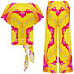 Women's Yellow & Red Heart Pop Pattern All Over Print Side-Tie Short Sleeve Top & Wide-Leg Pants Set