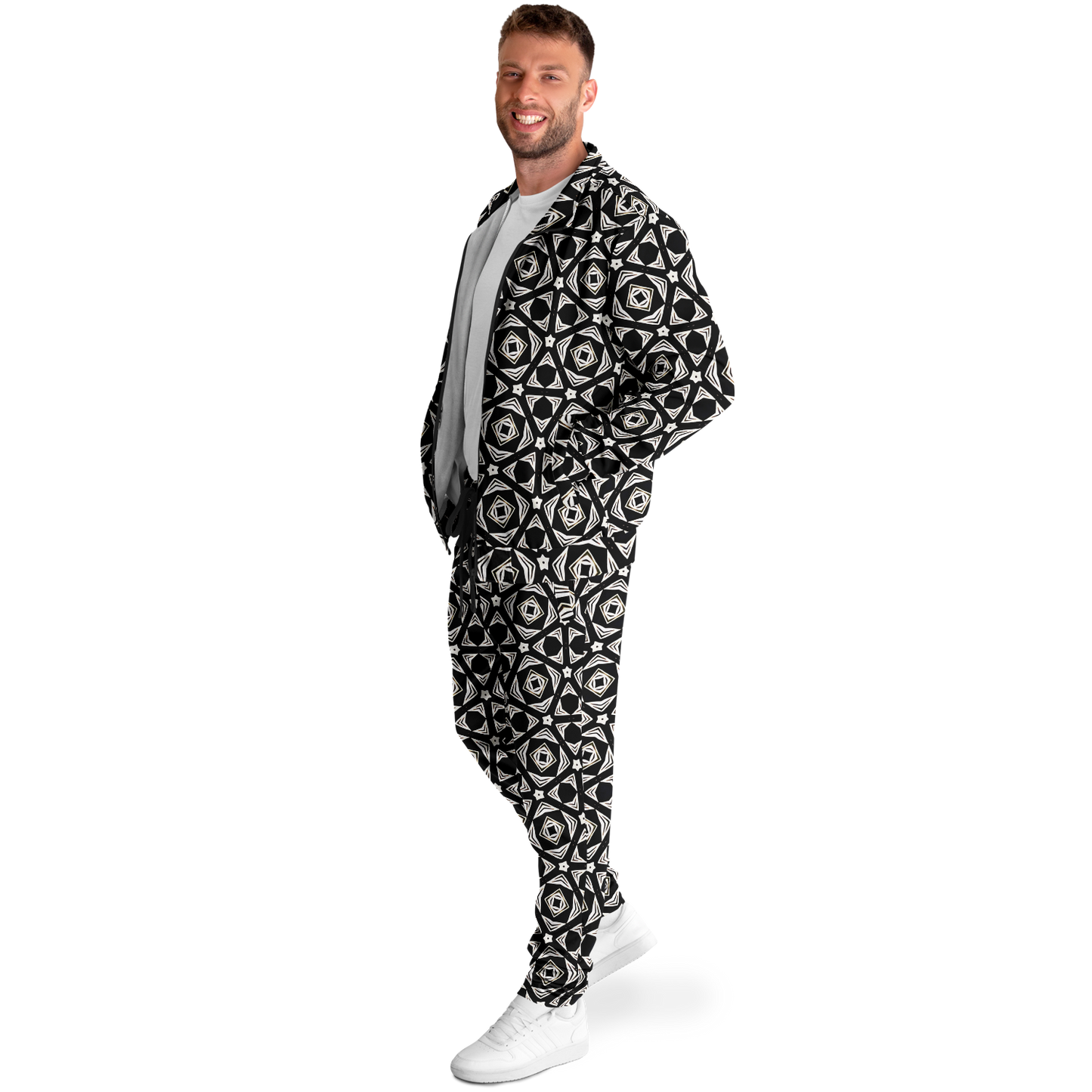 Men's Black Geometric Pattern Track Jacket and Pants