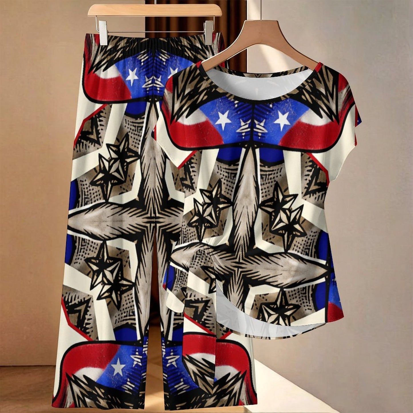 Women's Patriotic Stars & Cross Kaleidoscope Pattern All-Over Print Side-Tie Short Sleeve Top & Wide-Leg Pants Set